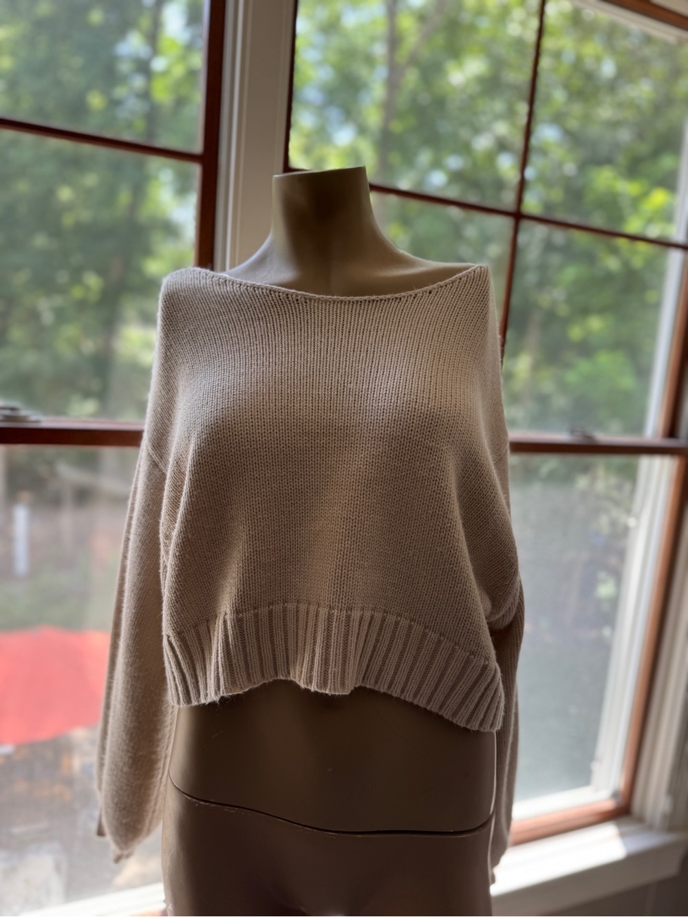 HYFVE Light Beige Off-the-Shoulder Cropped Sweater